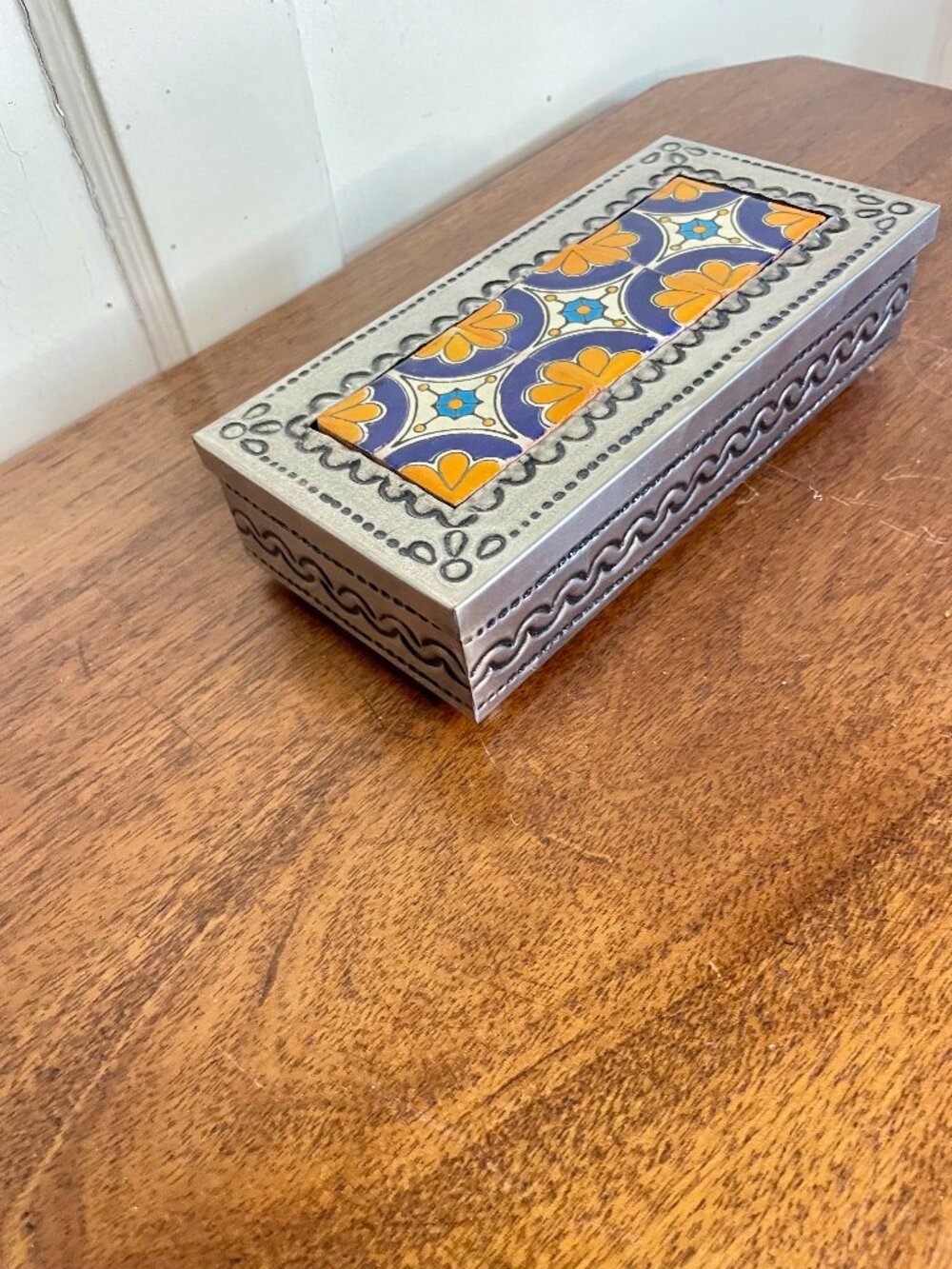 Handcrafted Mexican jewelry box  w/ repoussé tin frame and a decorative Talavera
